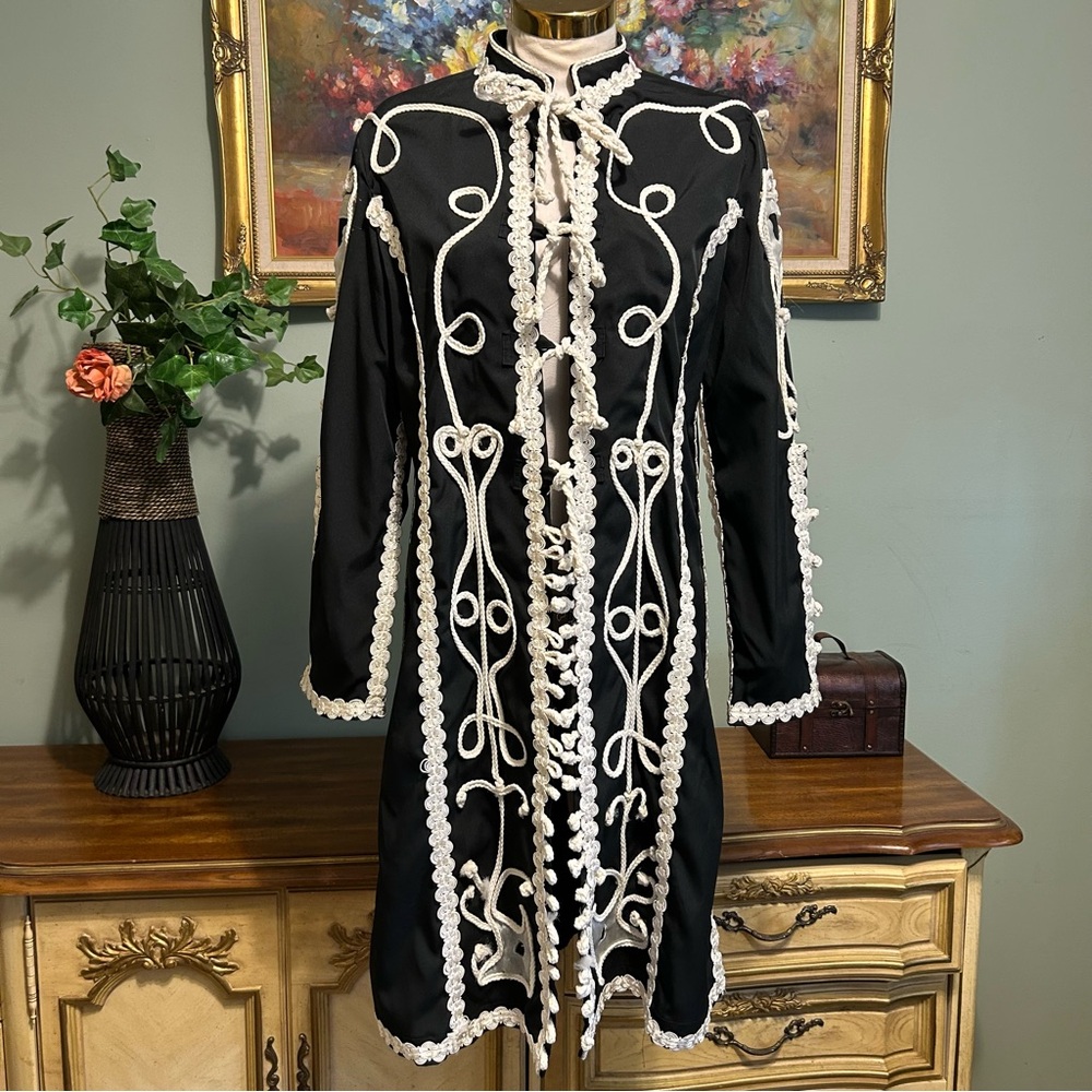Unique Custom Made Long Ornate Embellished Black and White Boho Military Jacket
